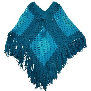 Handmade Teal Crochet Poncho Oversized Duster Boho Hippie Granny  *READ